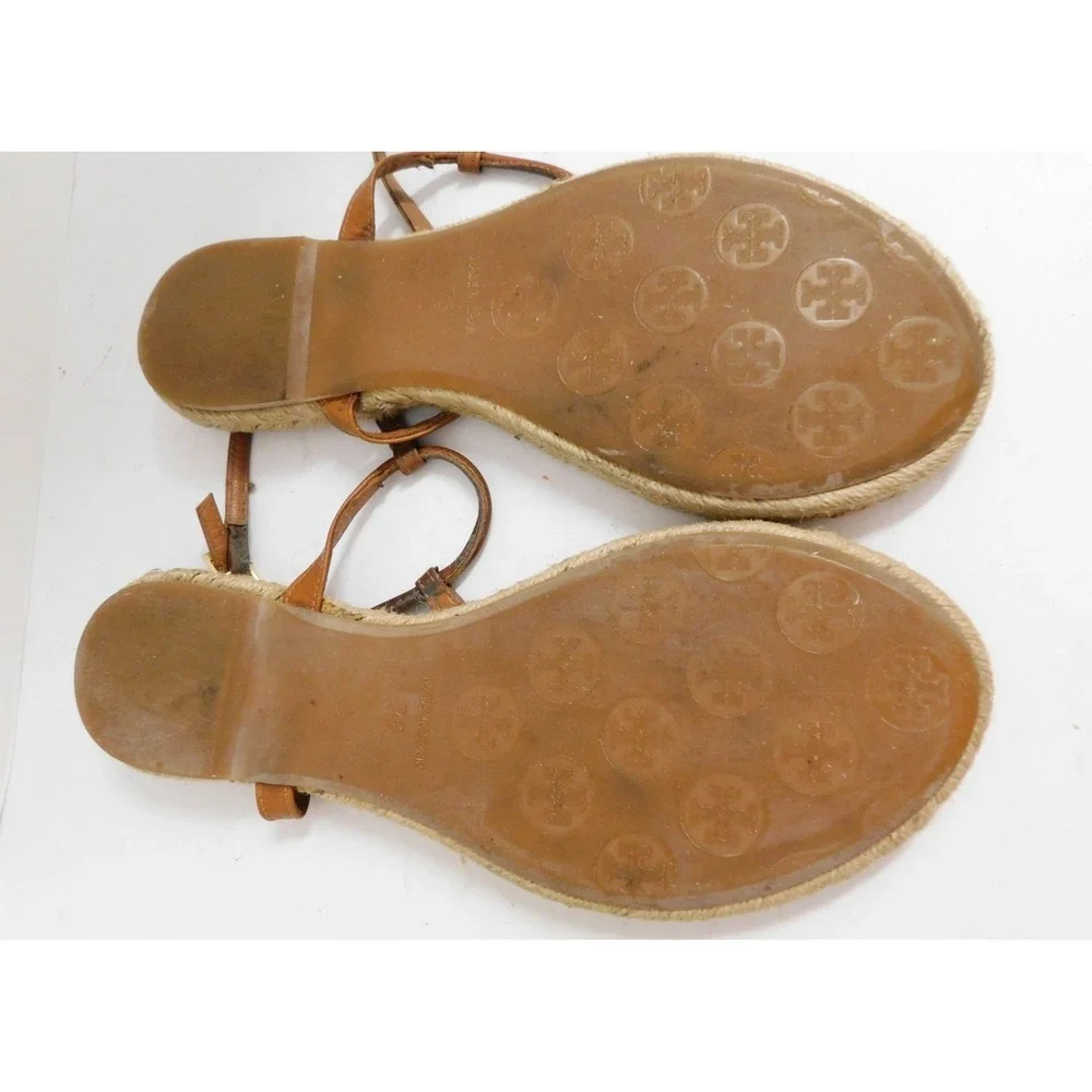 TORY BURCH Sandals Emmy Rafia Brown Leather Gold Logo Flat Thong Sandals 7B